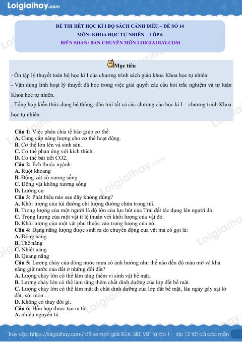 Đề thi học kì 1 KHTN 6 Cánh diều - Đề số 14